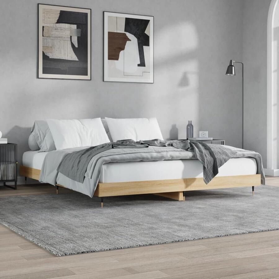 VidaXL Bedframe 140x200 cm Sonoma eiken Hout & metaal Bed Frame Houten Bed Tweepersoons Bed Bedsonder Matras Sonomaplank Bruine Bed - Foto 2