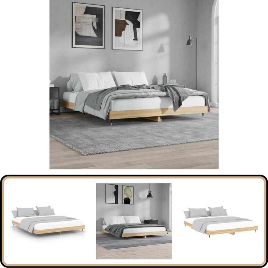 VidaXL Bedframe 140x200 cm Sonoma eiken Hout & metaal Bed Frame Houten Bed Tweepersoons Bed Bedsonder Matras Sonomaplank Bruine Bed