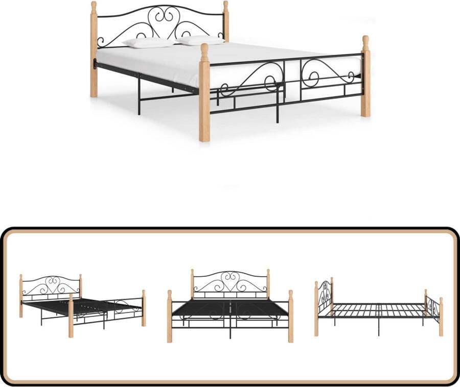 VidaXL Bedframe 140x200 cm Zwart Eikenhout Metalen Bedframe Zweepslaapsysteem Industrieel Design Zwarte Kleur Houten Poten
