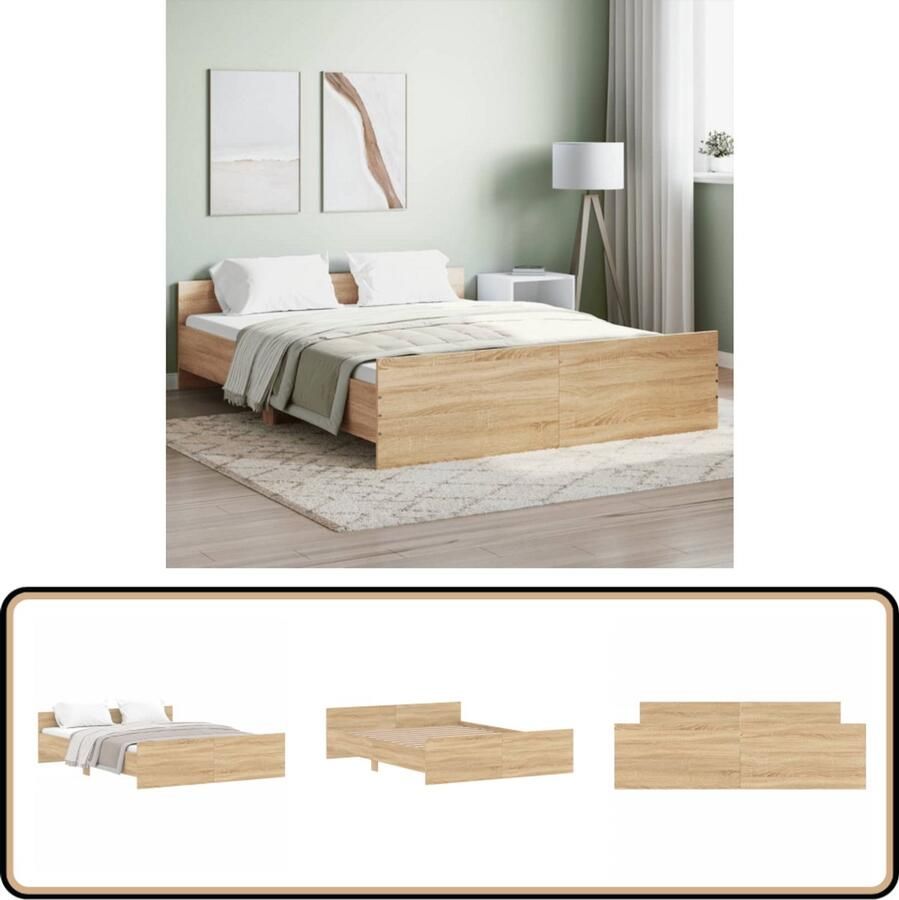 VidaXL Bedframe 150x200 cm Sonoma Eiken Hout Bed Frame Houten Bed Tweepersoons Bed Sonomapine Bed Met Hoofdeind