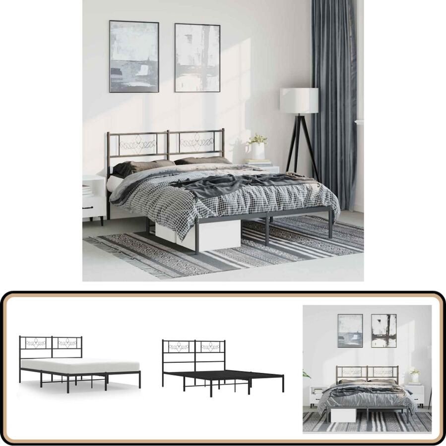 VidaXL Bedframe 150x200 cm Zwart Staal Klassieke Bed Frame Staal Bedframe Zwart Bedframe Boxspring Bedframe King Size Bedframe Dubbel Bedframe Bed Frame Met Hoofdbord Metalen Bedframe Bed Frame Met Opbergruimte