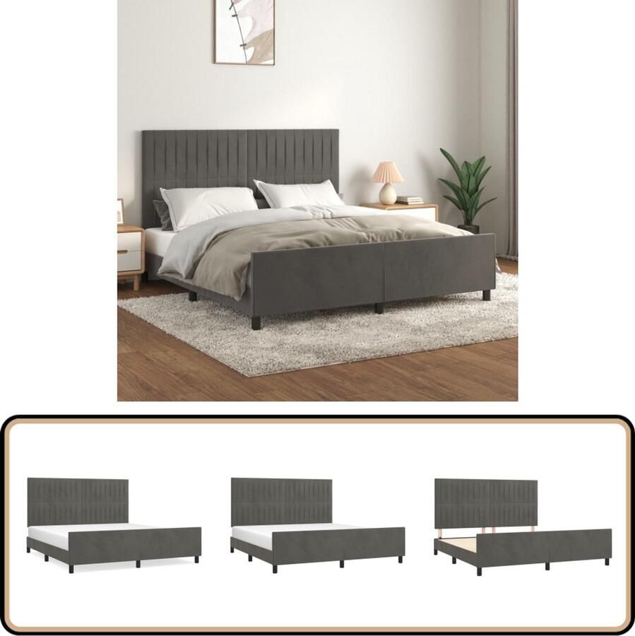 VidaXL Bedframe 160x200 cm Fluweel Donkergrijs Bedframe Donkere Kleuren Slaapcomfort Hoofdeinde Velvet Multipex Lattenbodem Design Meubilair Bedroom Decor