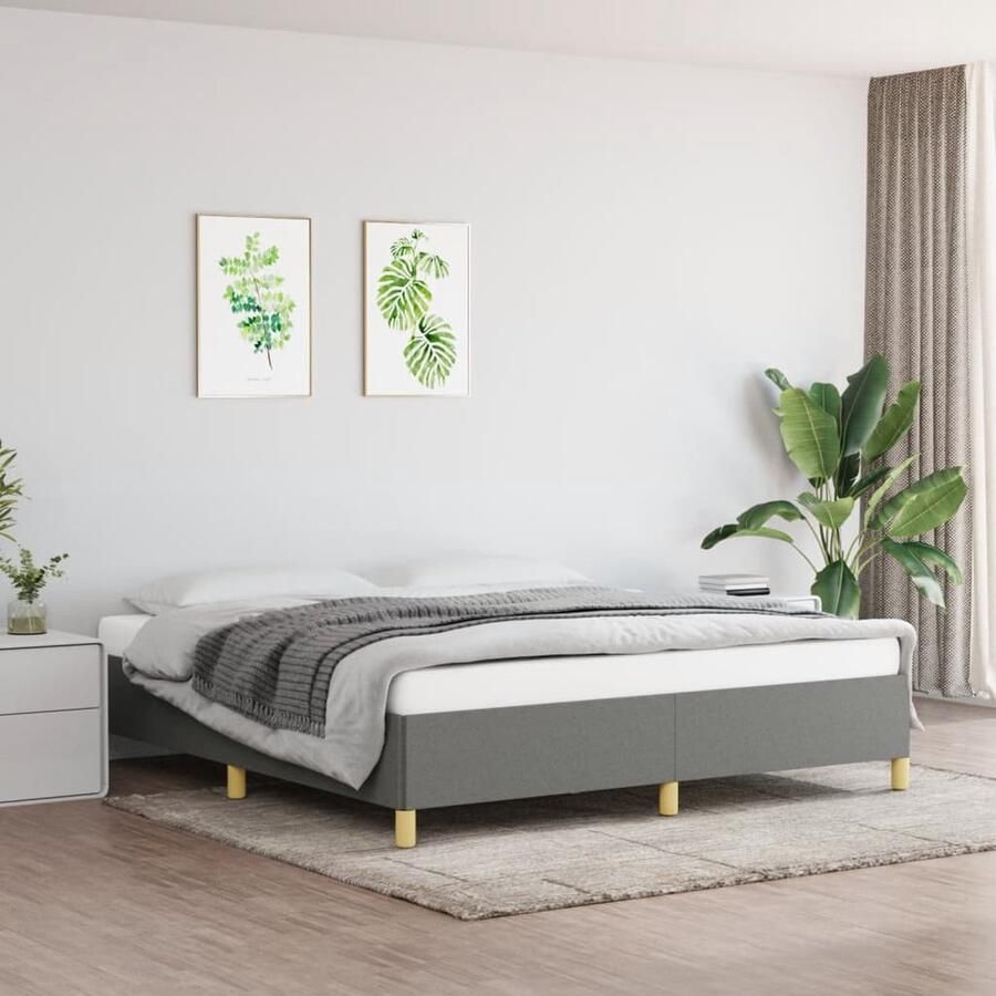 VidaXL Bedframe 160x200 cm Stof Donkergrijs Boxspring Frame Donkere Kleuren Tweepersoons Bed Houten Bed Stoffen Bed Multiplex Lattenbodem Bedframe Grijs Bed Kopen Slaapkamer Meubels Comfortabel Bed Goedkope Bedframes - Foto 2