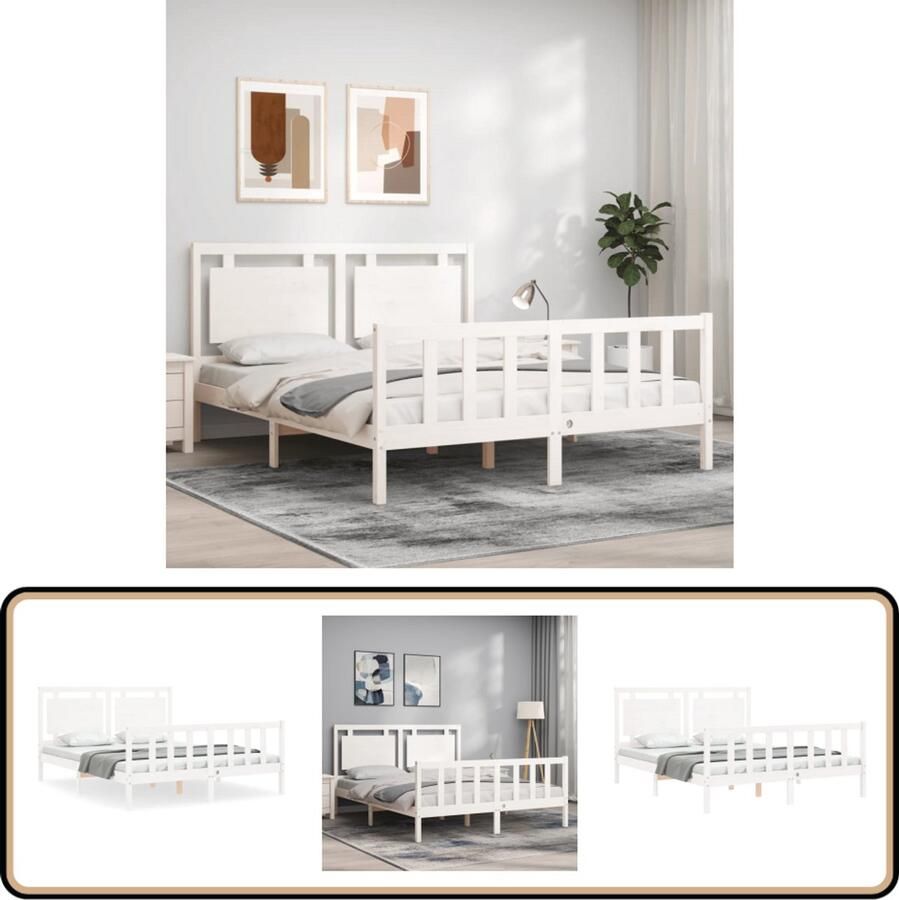 VidaXL Bedframe 160x200 cm Wit Massief Grenenhout Massief Hout Bed Grenenhout Bed Tweepersoons Bed Witte Bed Frame Bed Met Hoofdeind Lattenbodem Bed Design Bed Slaapcomfort