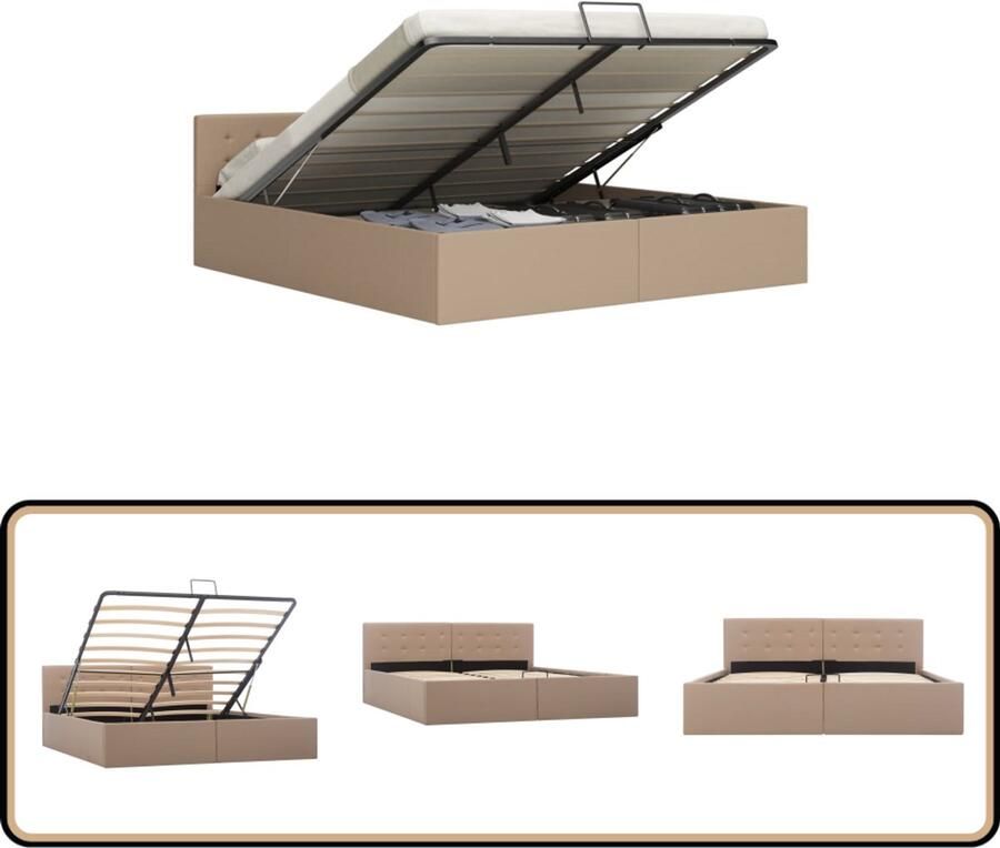 The Living Store Bedframe Cappuccino Hydraulisch Kunstleer 160 x 200 cm Opbergvak Staal en MDF Bedframe Kunstlederen Bed Boxspring Hoofdbord Tweepersoonsbed