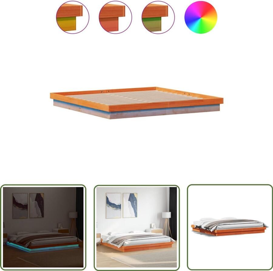 VidaXL Bedframe 180x200 Massief Grenenhout Bedframe met LED massief grenenhout wasbruin 180x200 cm Led Bedframe Bruine Bedframe Vintage Bedframe