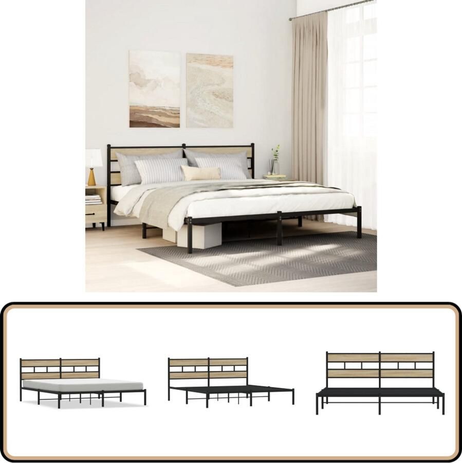 VidaXL Bedframe 193x203 cm Zwart en Sonoma eiken Slaapcomfort Boxspring Tweepersoonsbed Metalen Bed Houten Bed