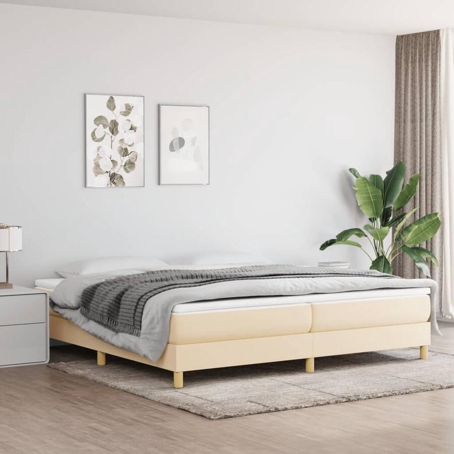 VidaXL Bedframe 200x200 cm crèmekleurig Boxspring Frame Tweepersoons Bed Creme Kleurige Bed Stoffen Bedframe Houten Bedframe Multipex Lattenbodems Bed Zonder Matras Goedkope Bedframes Comfortabel Bed Kwalitatief Bedframe - Foto 2