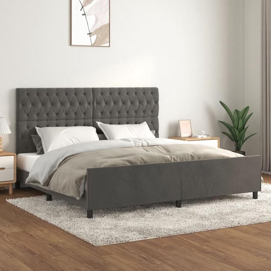 VidaXL Bedframe 200x200 cm Fluweel Donkergrijs Velvet Bed Frame Donker Grijs Bed Tweepersoons Bed Boxspring Bed Adjustable Headboard Luxe Bed - Foto 2