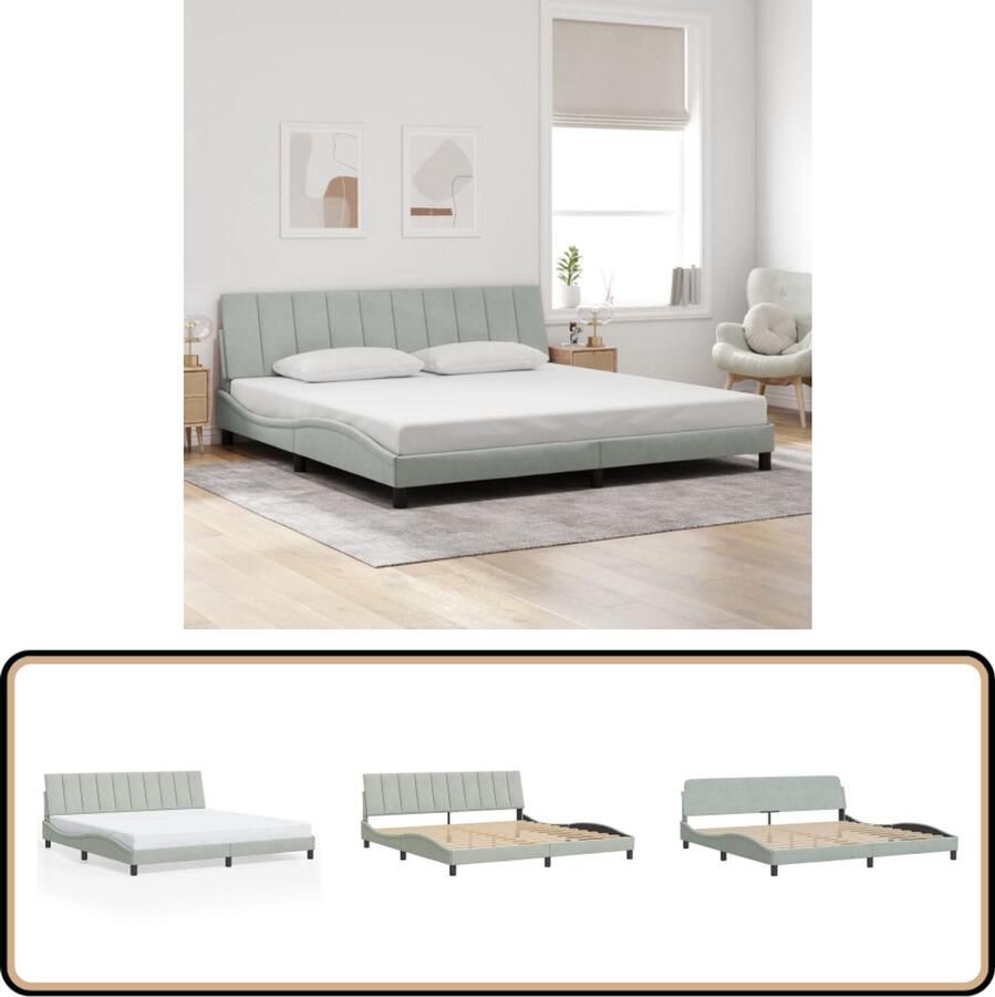 VidaXL Bedframe 200x200 cm Lichtgrijs Fluweel Slaapcomfort Hoofdbord Velvet Bed Tweepersoons Bed Houten Bed Frame