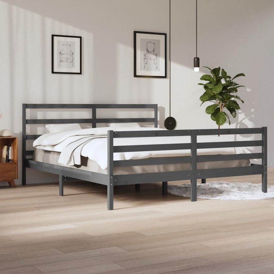VidaXL Bedframe 200x200 cm Massief Grenenhout Grijs Houten Bedframe Grijs King Size Bedframe Tweepersoons Bedframe Massief Grenenhout Bedframe Met Hoofdbord - Foto 2