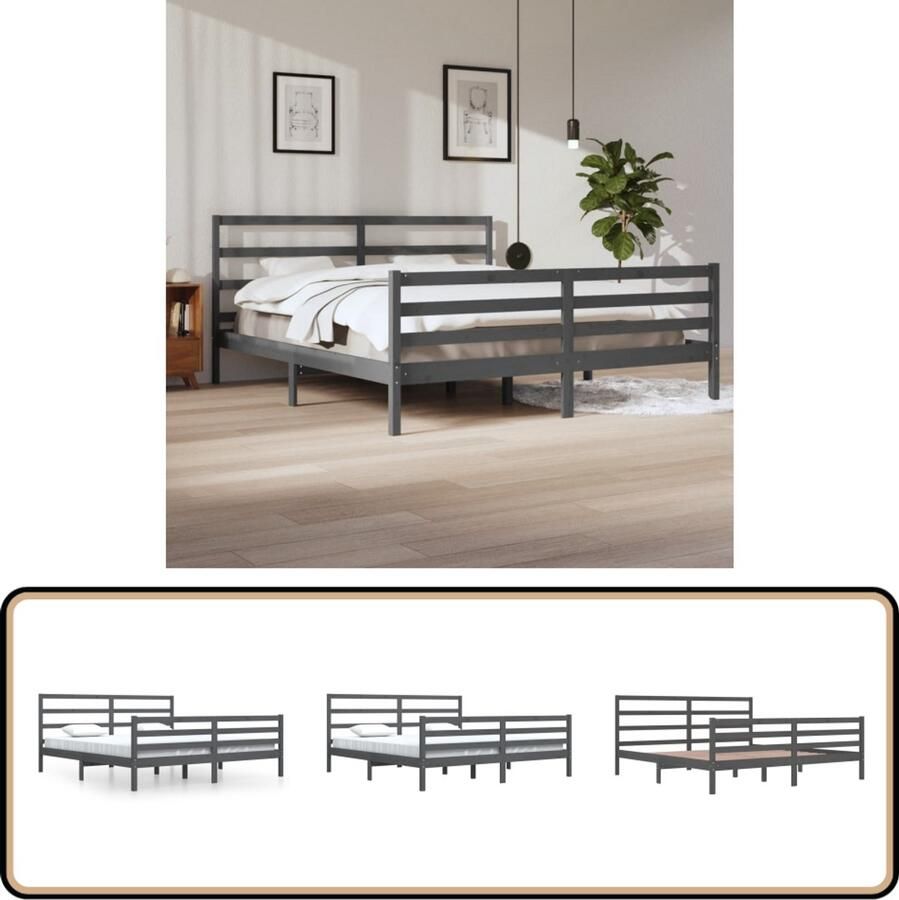 VidaXL Bedframe 200x200 cm Massief Grenenhout Grijs Houten Bedframe Grijs King Size Bedframe Tweepersoons Bedframe Massief Grenenhout Bedframe Met Hoofdbord