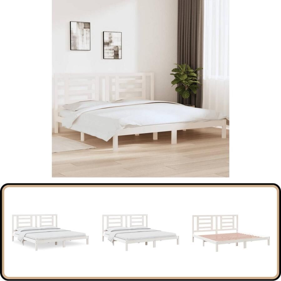 VidaXL Bedframe 200x200 cm Massief Grenenhout Wit Houten Bedframe Modern Bed Tweepersoons Bed Grenenhout Bed Witte Bed Design Bed Met Hoofdeinde