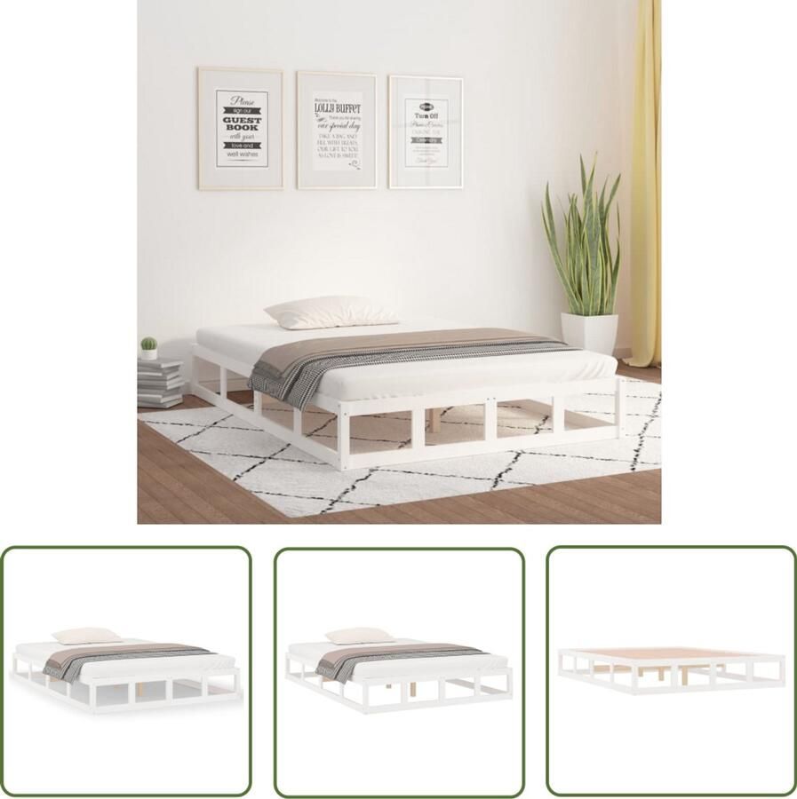 VidaXL Bedframe 200x200 cm Massief Grenenhout Wit Houten Bedframe Tweepersoons Bed Wit Bed Modern Bed Bedframe Grenenhout Stabiel Bedframe Boxspring Bed