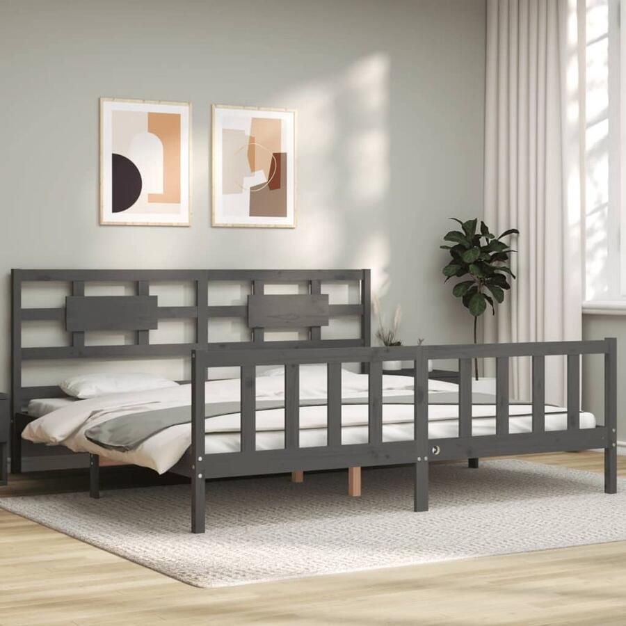 VidaXL Bedframe 200x200 cm Massief Hout Grijs Massief Hout Bed Frame Grenenhout Bed Tweepersoons Bed Grijze Bed Slaapcomfort Design Bed Functionele Bed - Foto 2