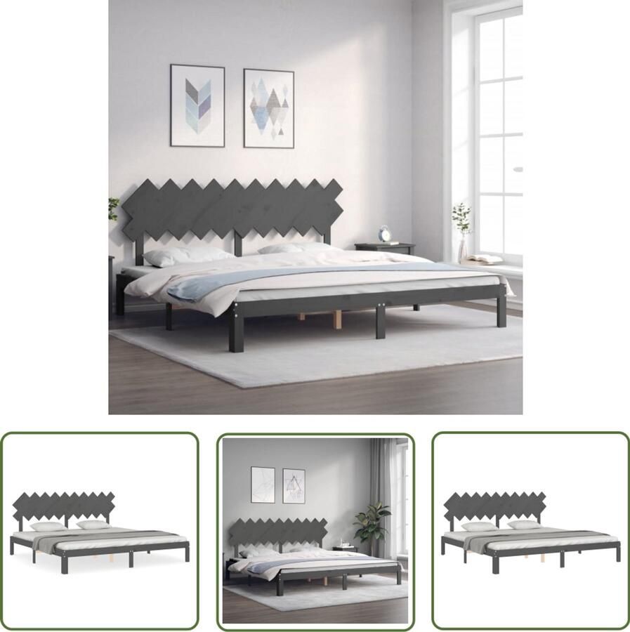 VidaXL Bedframe 200x200 cm Massief hout Grijs Massief Houten Bed Frame Tweepersoons Bed Grijs Bed Frame Met Hoofdbord Grenenhout Bed