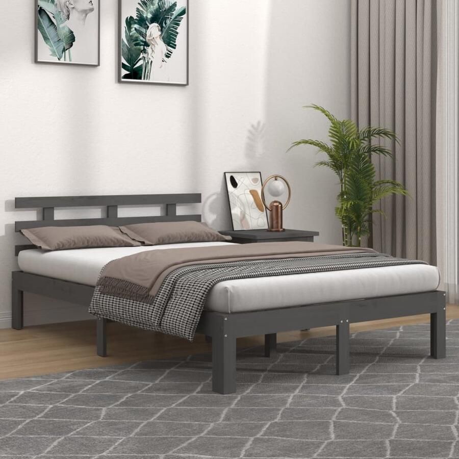 VidaXL Bedframe 200x200 cm Massief Hout Grijs Modern Bedframe Houten Bed Slaap Kamer Meubels Grenenhouten Bed King Size Bed Tweepersoons Bed Bedframe Grijs - Foto 2