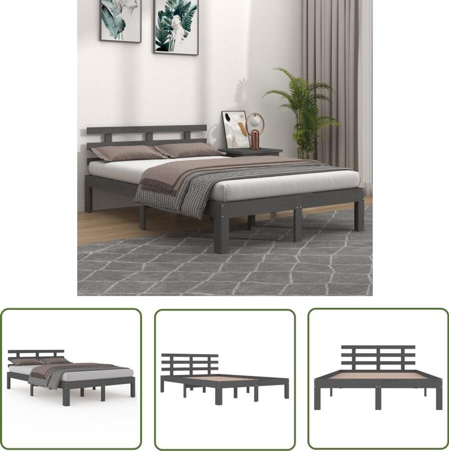 VidaXL Bedframe 200x200 cm Massief Hout Grijs Modern Bedframe Houten Bed Slaap Kamer Meubels Grenenhouten Bed King Size Bed Tweepersoons Bed Bedframe Grijs