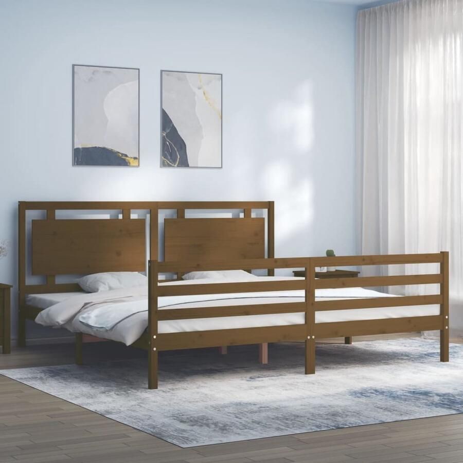 VidaXL Bedframe 200x200 cm Massief hout Honingbruin Massief Houten Bed Frame Tweepersoons Bed Frame Met Hoofdbord Honigbruin Bed Houten Bed - Foto 2