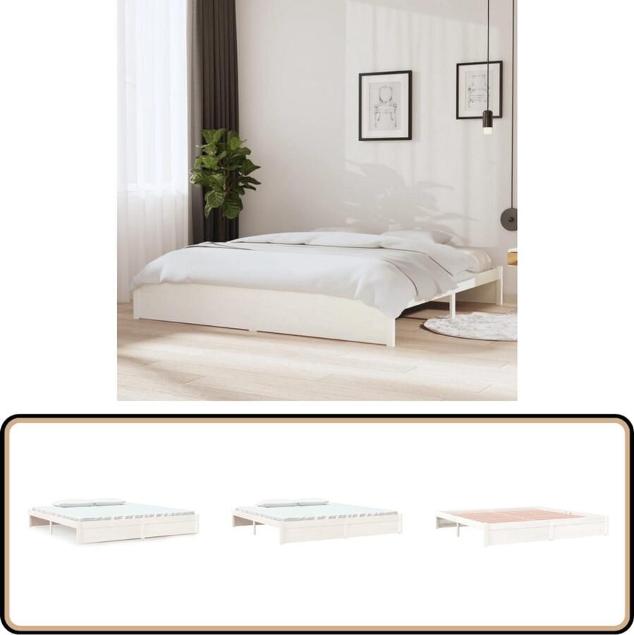 VidaXL Bedframe 200x200 cm Massief Hout Wit Houten Bedframe Tweepersoons Bed Modern Bed Witte Bed Zonder Matras