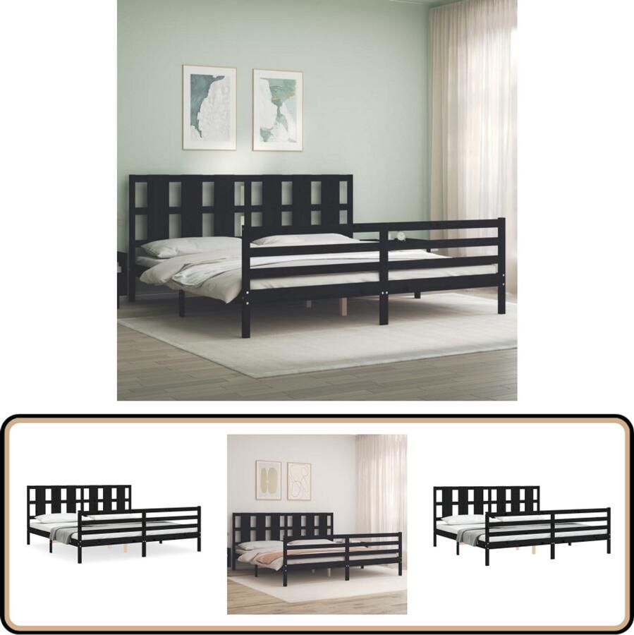 VidaXL Bedframe 200x200 cm Massief Hout Zwart Massief Grenenhouten Bed Tweepersoons Bed Zwarte Bed Frame Hoofd- En Voeteneinde Multipex Lattenbodem
