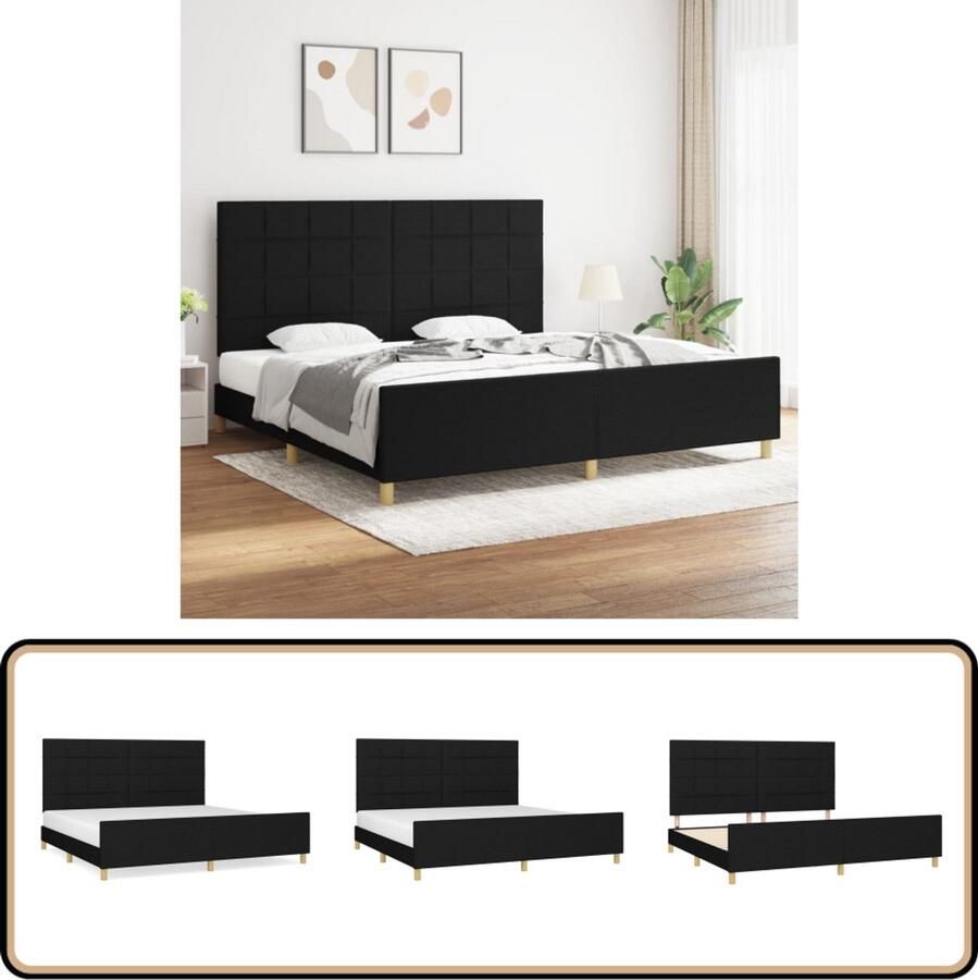 The Living Store Bedframe zonder matras stof zwart 200x200 cm Bed Frame Boxspring Hoofdeinde Tweepersoonsbed Zwarte Bedbank