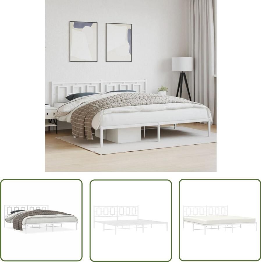 VidaXL Bedframe 200x200 Metalen Bedframe met hoofdbord metaal wit 200x200 cm Wit Bedframe Staal Bedframe King Size Bedframe