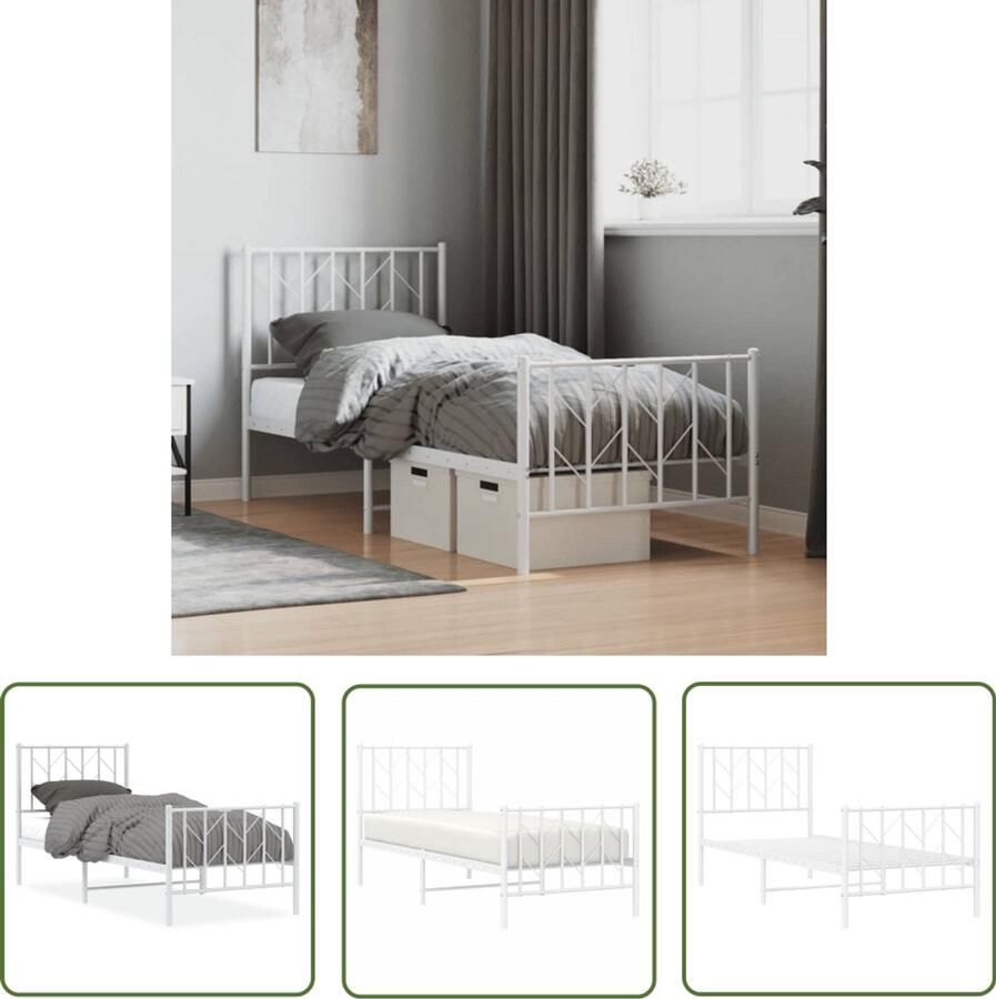 VidaXL Bedframe 75x190 Metalen Bedframe met hoofd- en voeteneinde metaal wit 75x190 cm Staal Bedframe Wit Bedframe Compact Bedframe