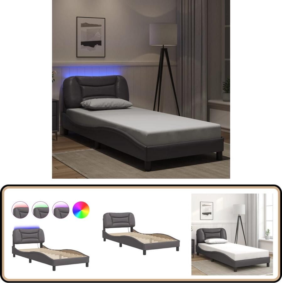 VidaXL Bedframe 80x200 cm met LED-verlichting Grijs Slaapcomfort Led Verlichting Kunstleder Bed Frame Hoofdbord Comfortabel Bed Modern Design Grijs Bed