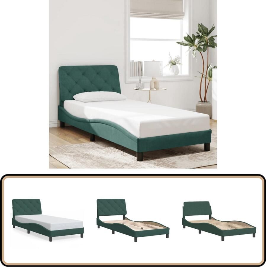 VidaXL Bedframe 90x190 cm Fluweel Donkergroen Bed Frame Velvet Bed Frame Tweepersoons Bed Boxspring Bed Hoofdbord