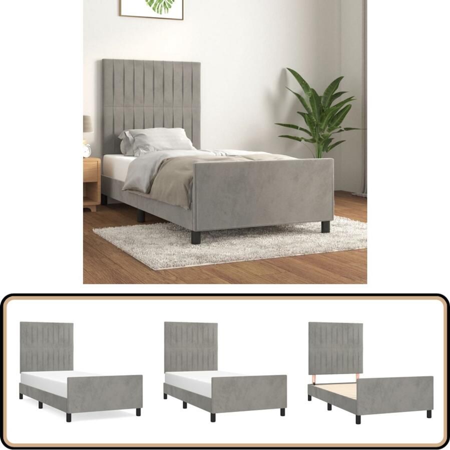 The Living Store Bedframe Zacht fluweel Verstelbare hoogte Ondersteunende poten Multiplex lattenbodem Comfortabele ondersteuning Lichtgrijs 193x93x118 128cm Geschikte matras- 90x190cm