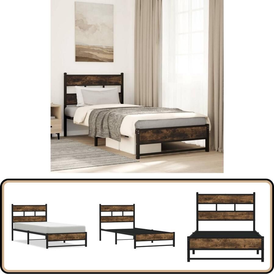 VidaXL Bedframe 90x190 cm Metaal Gerookt Eiken Bed Frame Metal Bed Frame Houten Bed Frame Rookt Eiken Kleur Slaapbank