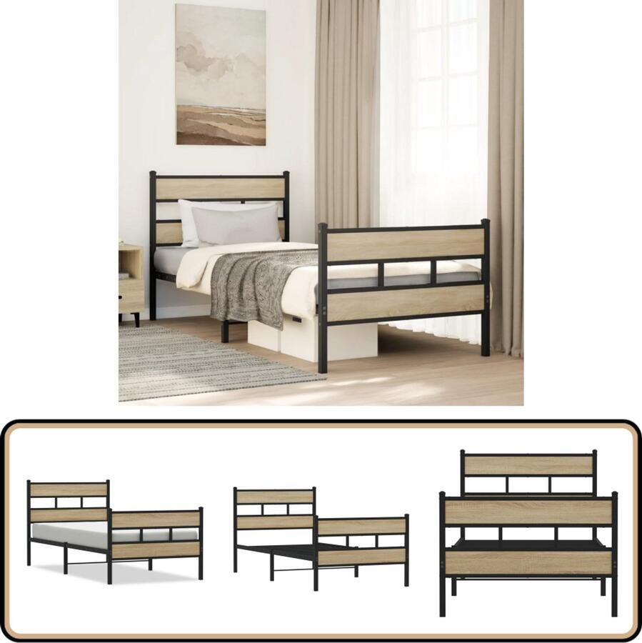 VidaXL Bedframe 90x190 cm Zwart en Sonoma Eiken Slaapcomfort Bedframe Metalen Bed Houten Bed Éénpersoonsbed