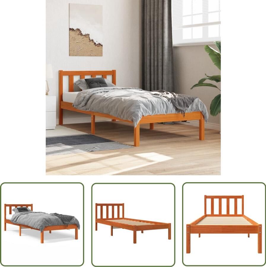 VidaXL Bedframe 90x190 Massief Grenenhout Bedframe zonder matras massief grenenhout wasbruin 90x190 cm Bruine Bedframe Houten Bedframe Enkelpersoon Bedframe