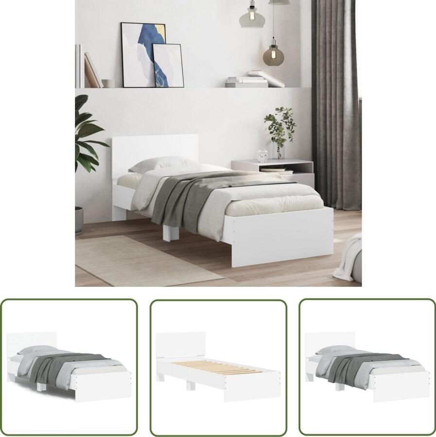 VidaXL Bedframe 90x190 Wit Bedframe met hoofdeinde bewerkt hout wit 90x190 cm Houten Bedframe Bewerkt Hout Bed Tweepersoons Bed