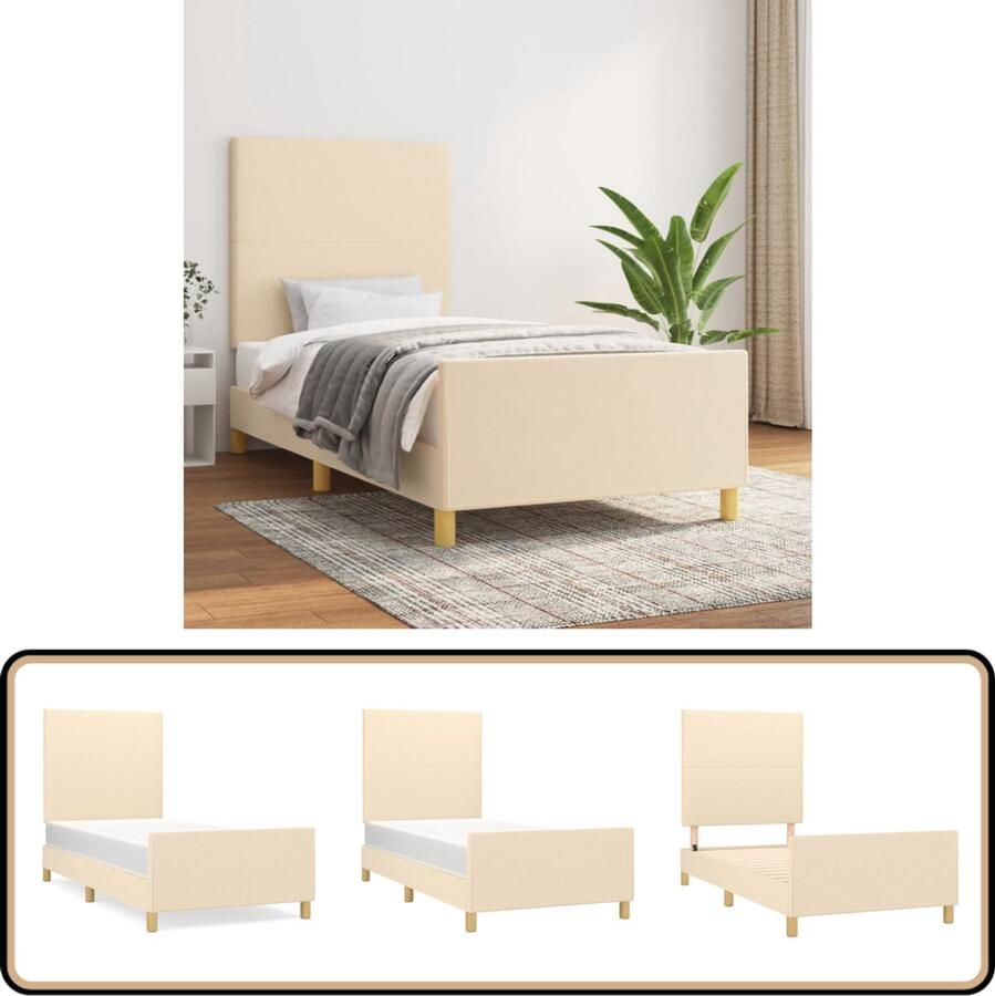 VidaXL Bedframe 90x200 cm Crème Zonder Matras Bedframe Houten Bed Stoffen Hoofdbord Verstelbare Hoogte Stabiel