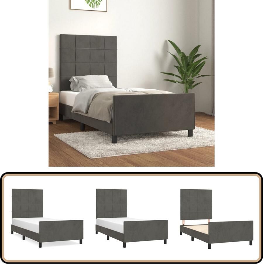 VidaXL Bedframe 90x200 cm Fluweel Donkergrijs Bed Frame Tweepersoons Bed Donkere Kleuren Velvet Bed Hoofdboard