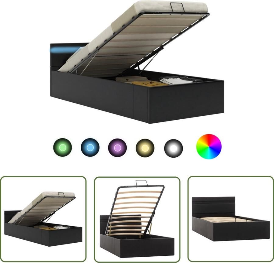 The Living Store Hydraulisch Kunstleren Bedframe Eenpersoonsbed 90x200 cm Met opbergvak en LED-strip Kleur- zwart Materiaal- kunstleren bekleding multiplex lattenbodem en frame van staal en MDF - Foto 2