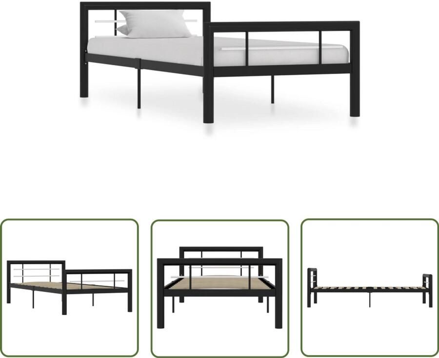 VidaXL Bedframe 90x200 cm Zwart en Wit Metaal Metalen Bed Frame Klassieke Bed Zwarte Bed Witte Bed Tweepersoons Bed Slaapcomfort Houten Bed Frame Boxspring Bed Hoofdbord Slatted Base Easy Assembly