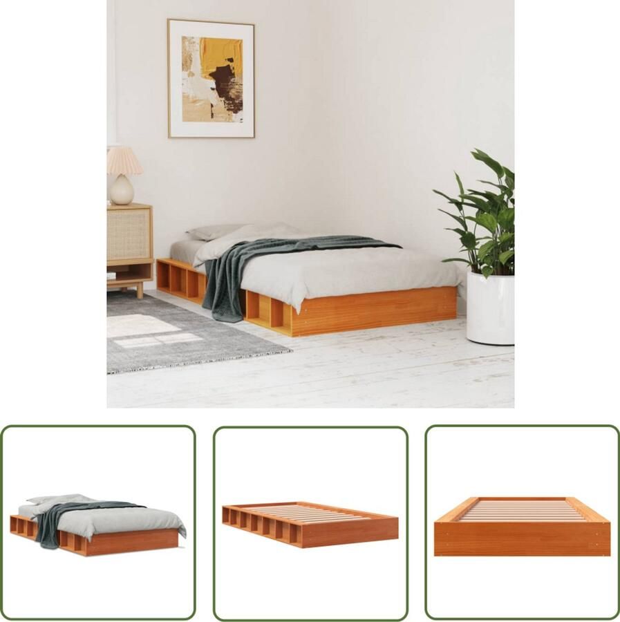 VidaXL Bedframe zonder matras massief grenenhout wasbruin 90x200 cm Massief Grenenhout Bedframe 90x200 Bruine Bedframe Vintage Bedframe Landelijk Bedframe