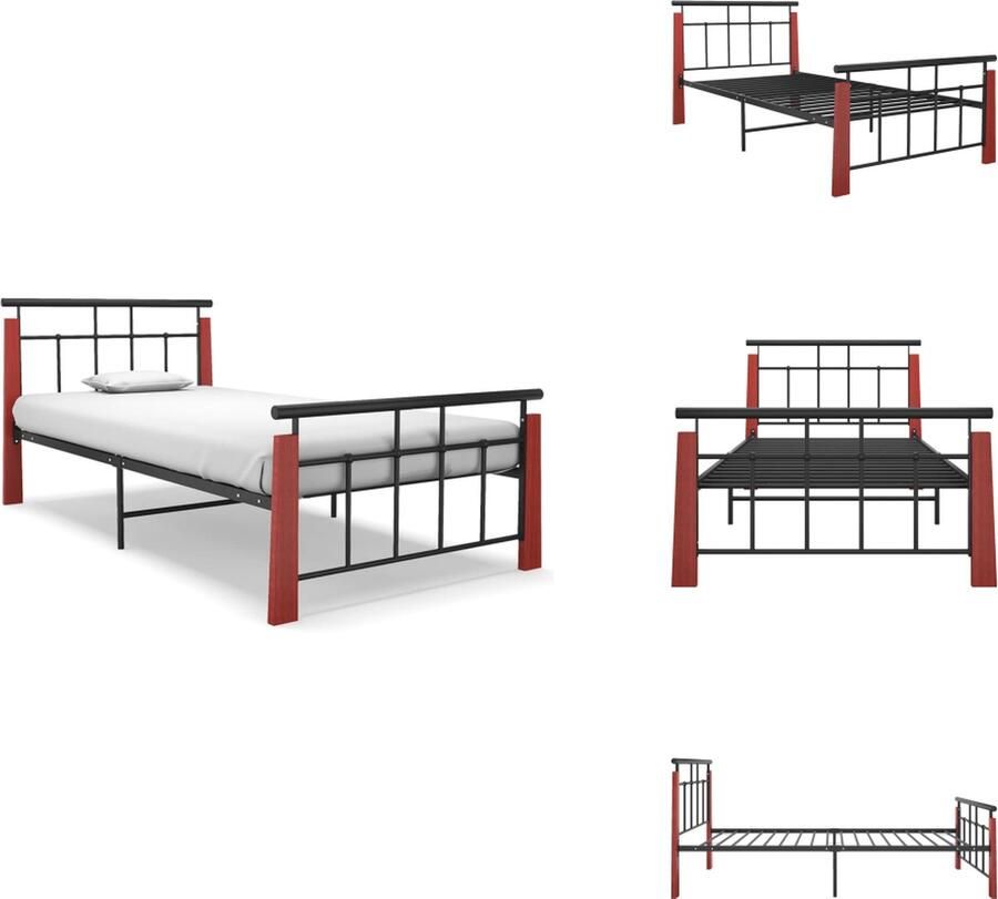 VidaXL Metalen Bedframe Comfort Beddengoed Afmetingen- 206 x 113 x 86 cm Metaalkleur- Zwart Materiaal- Gepoedercoat metaal en massief eikenhout Geschikte matras- 100 x 200 cm Montage vereist Bed