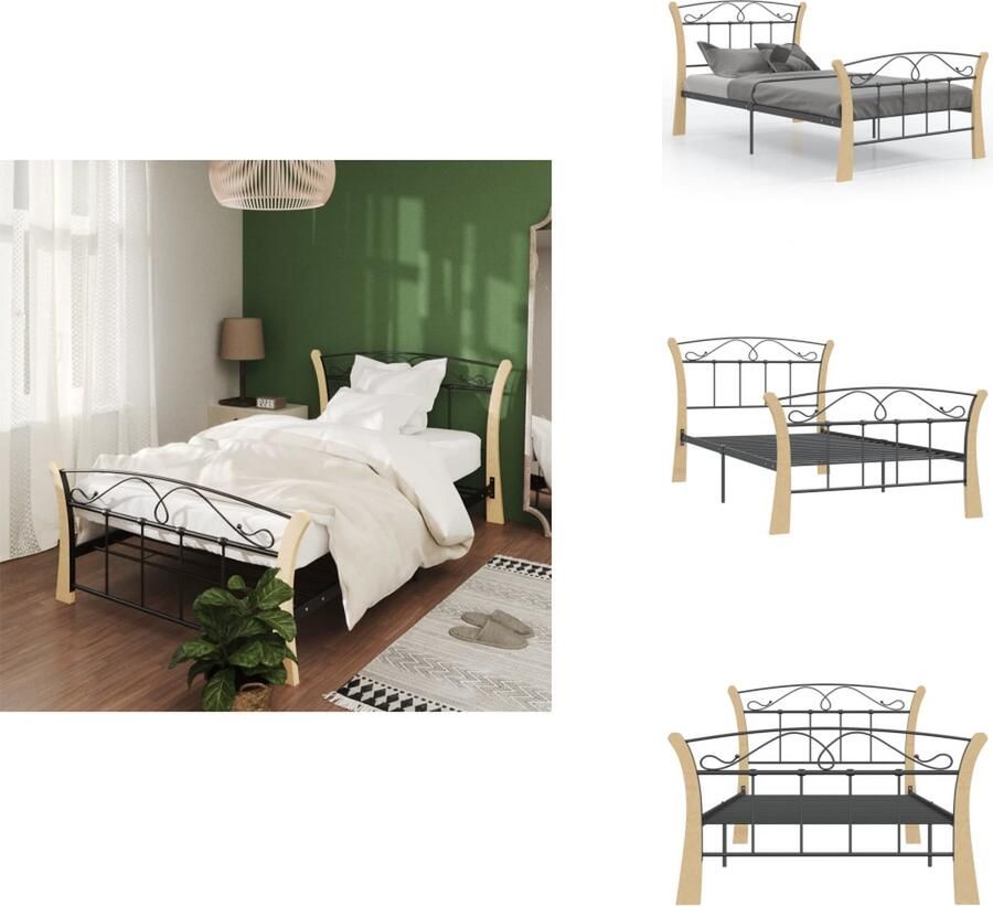 VidaXL Bedframe eenpersoonsbed van gepoedercoat metaal en massief eikenhout Afmetingen- 206 x 100 x 100 cm Kleur- zwart en lichthout Geschikt voor matras 100 x 200 cm Montage vereist Bed