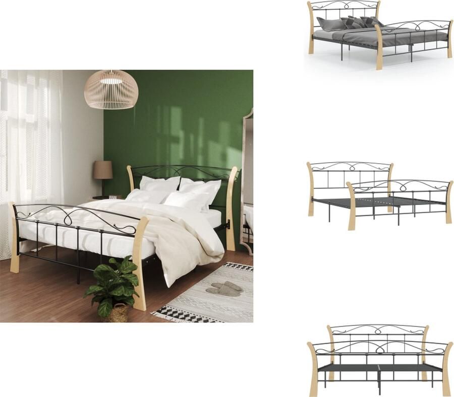 VidaXL Bedframe Hout Zwart Tweepersoons 206 x 140 x 100 cm Massief eikenhout metaalconstructie Bed