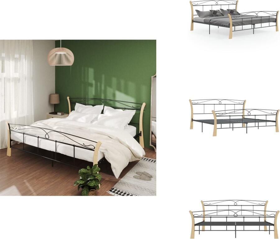 VidaXL Bedframe Massief metalen en eikenhouten constructie Tweepersoons 206 x 200 x 100 cm Zwart en lichthout Bed - Foto 2