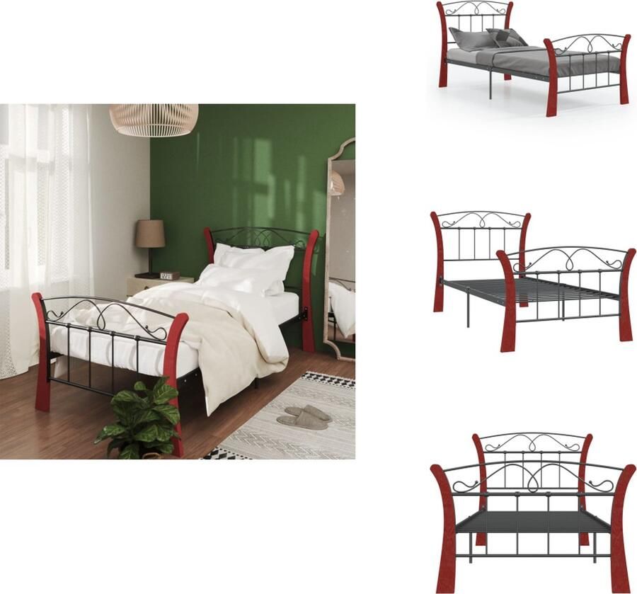 VidaXL Bedframe Comfort Eénpersoonsbed Afmeting- 206 x 90 x 100 cm Kleur- Zwart en Donkerhout Materiaal- Gepoedercoat Metaal en Massief Eikenhout Montage vereist Bed