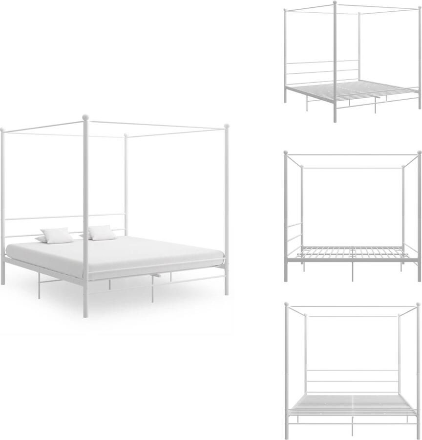 VidaXL Bedframe Slim ontworpen met bovenframe Gepoedercoat metaal Stevige lattenbodem Wit 208 x 186 x 201 cm Geschikt voor 180 x 200 cm matras Montage vereist Bed