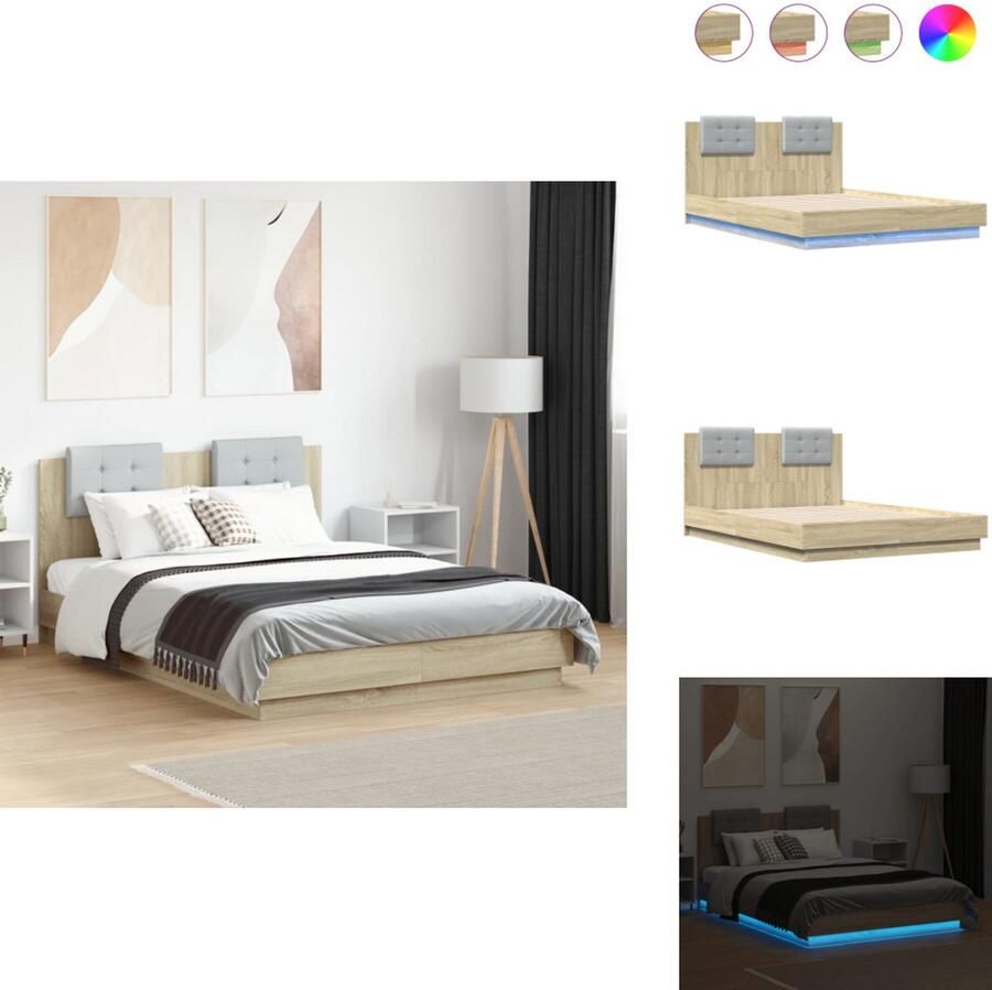 VidaXL Bedframe Bedframes Bed 2-persoons Bed Bedframe met hoofdbord en LED sonoma eikenkleurig 120x190 cm