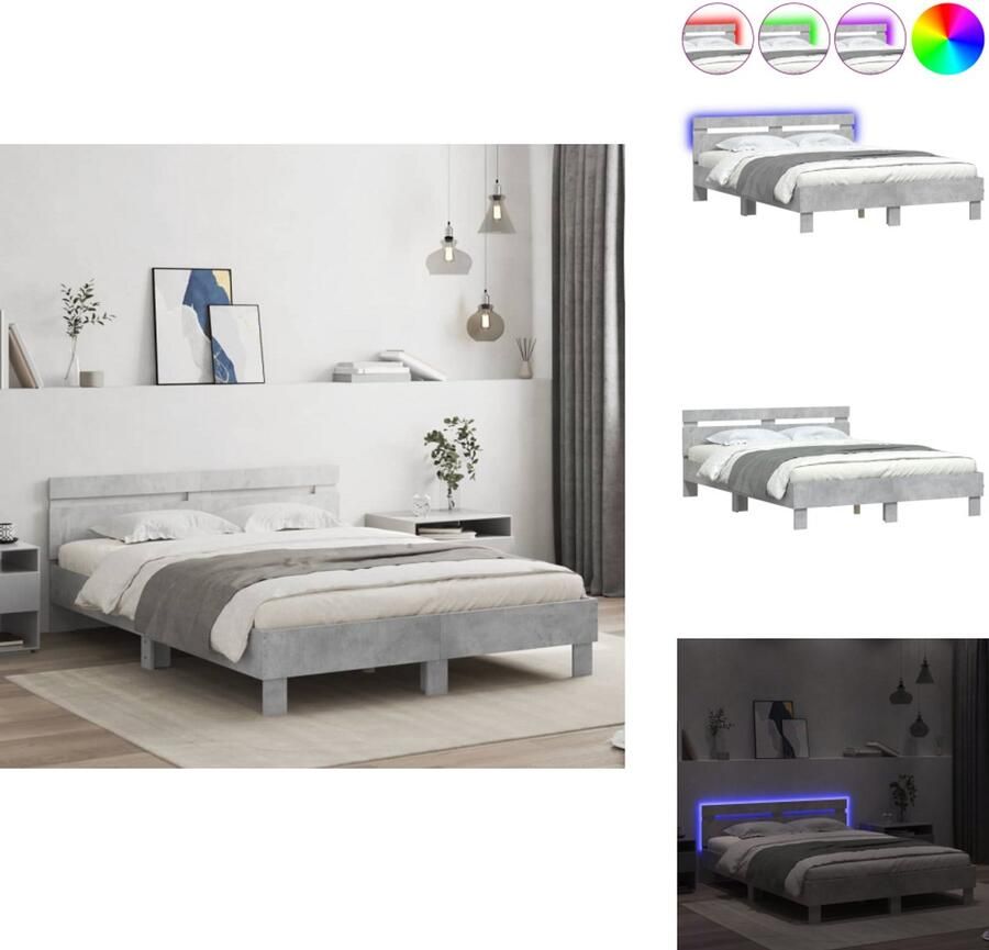 VidaXL Bedframe Bedframes Bed 2-persoons Bed Bedframe met hoofdeinde en LED betongrijs 150x200 cm