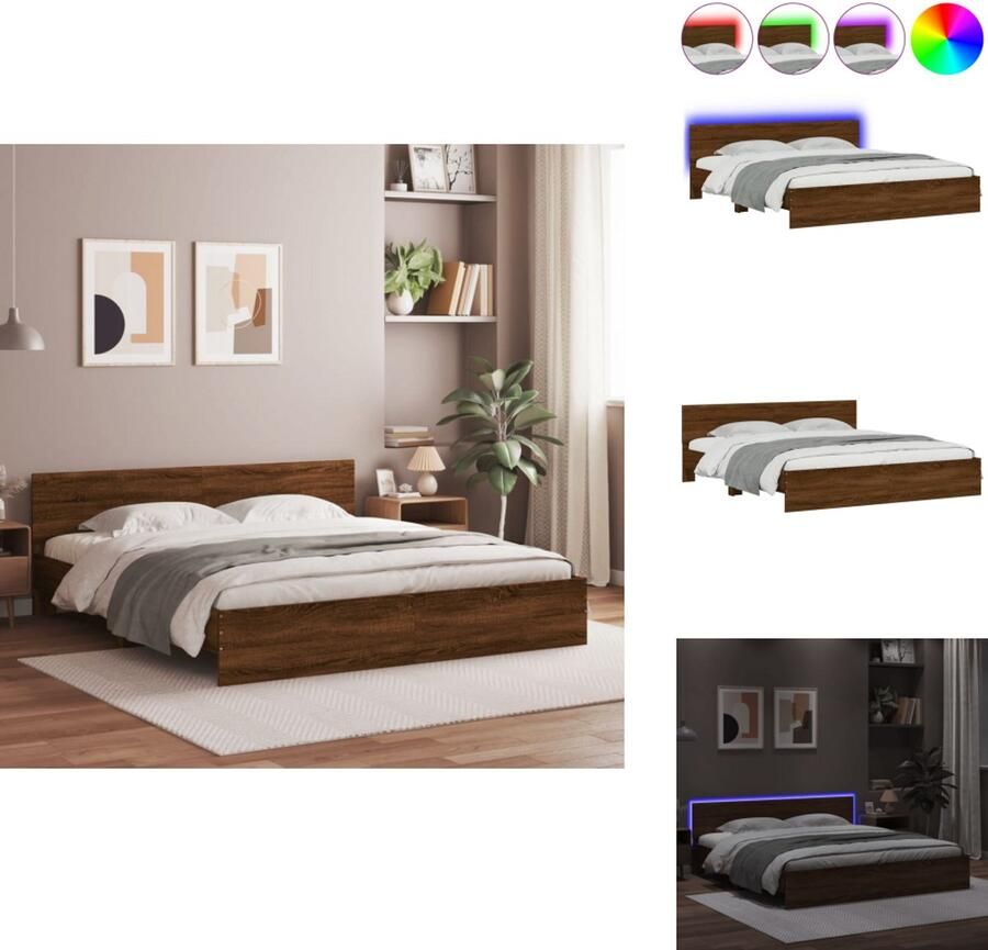 VidaXL Bedframe Bedframes Bed 2-persoons Bed Bedframe met hoofdeinde en LED bruin eikenkleur 180x200 cm