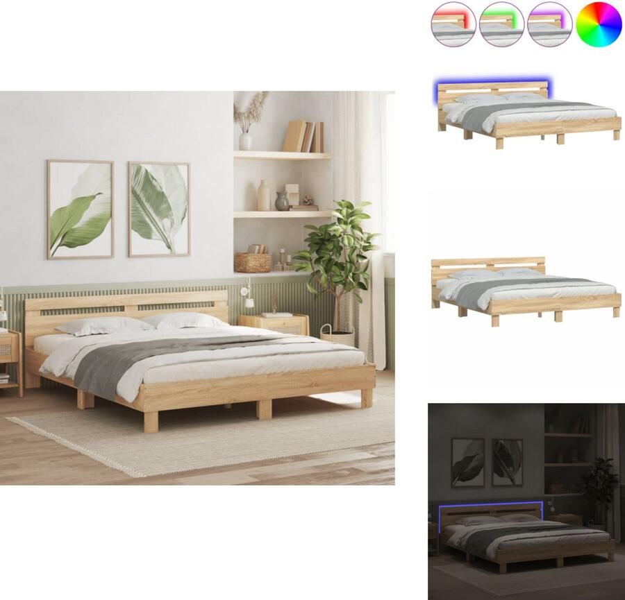 VidaXL Bedframe Bedframes Bed 2-persoons Bed Bedframe met hoofdeinde en LED sonoma eikenkleurig 200x200 cm